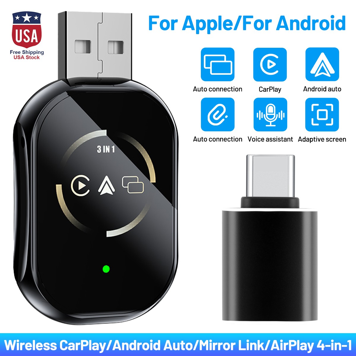 4-IN-1 Carplay Adapter Wired to Wireless CarPlay Android Auto Mirror Link NEW