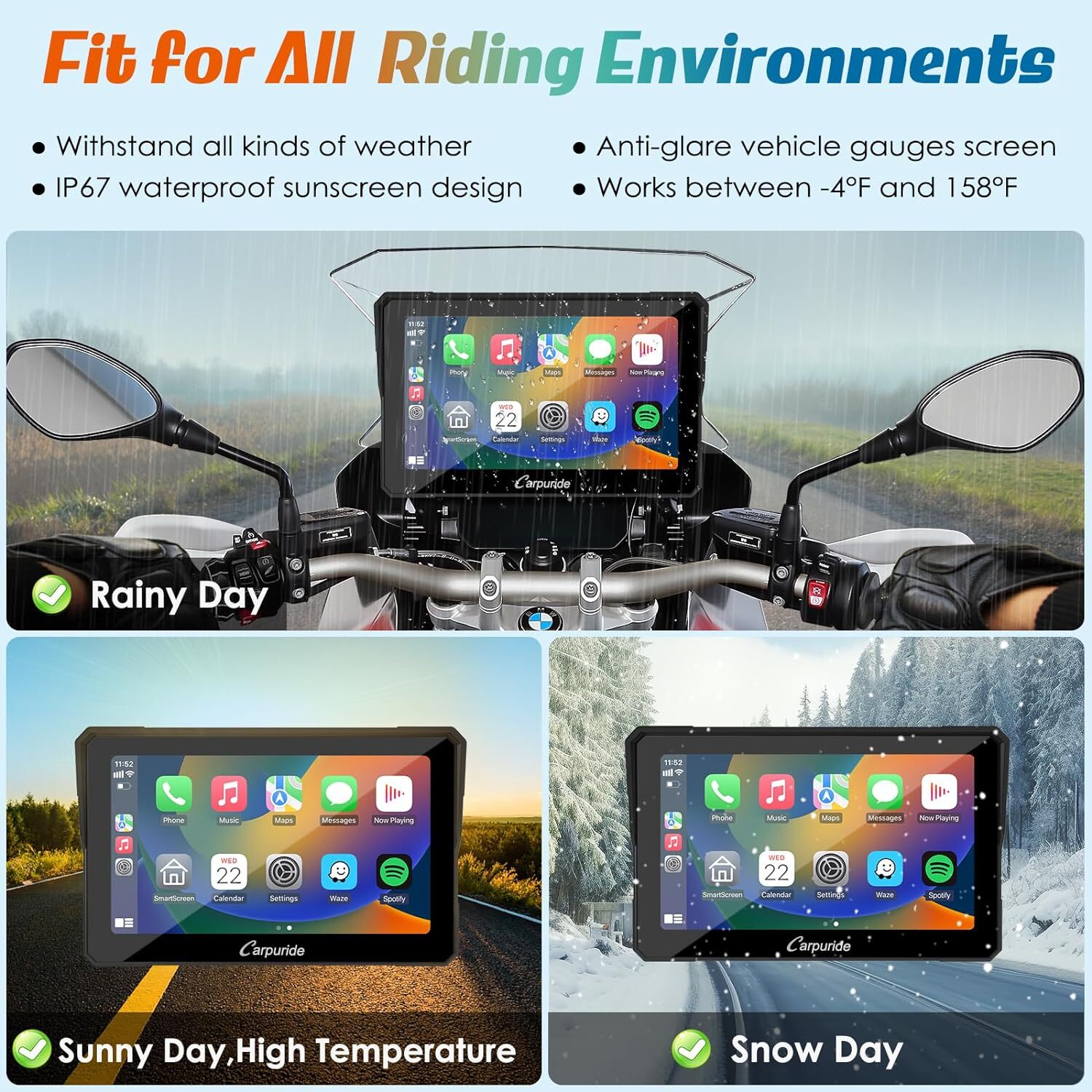Carpuride W502B Carplay Android Auto Waterproof Touchscreen GPS Navigation Moto