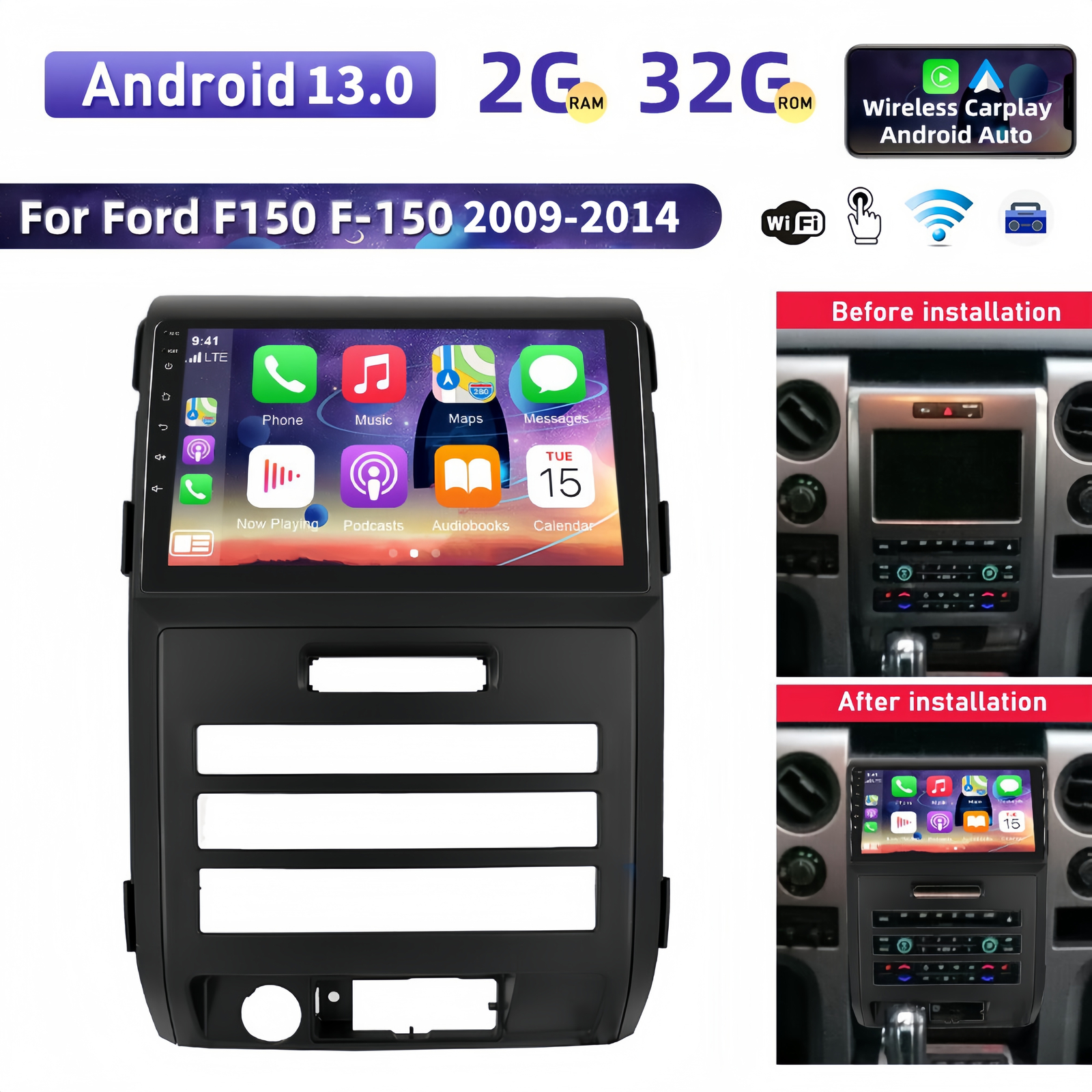 Android 15 Carplay Car Stereo Radio Wifi GPS Navi For Ford F150 F-150 2009-2012