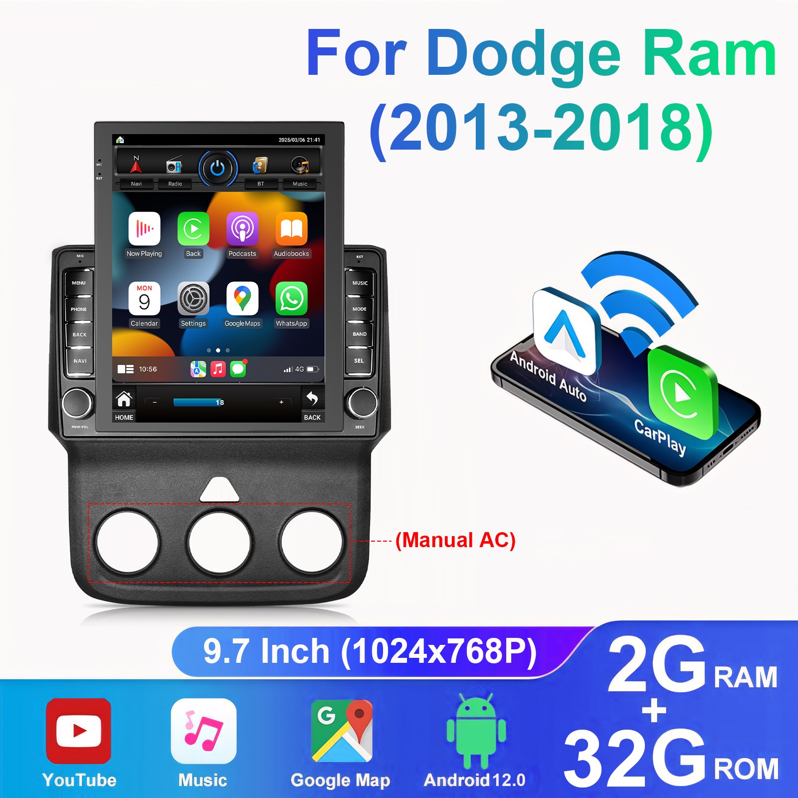 9.7″ Stereo CarPlay 2+32GB for Dodge Ram 2013-2018 GPS Radio Navigator WiFi BT