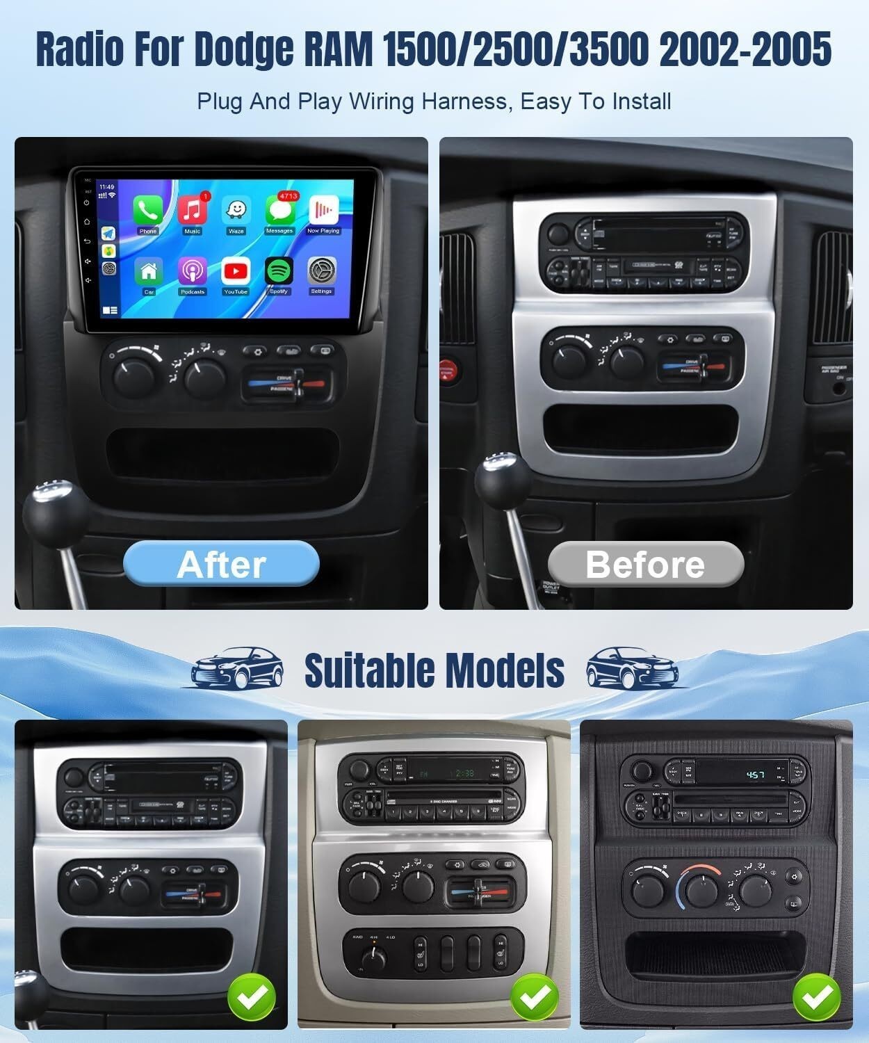For 2002-2005 Dodge Ram Radio Carplay 4+64G 9in Bluetooth Touchscreen FM RDS