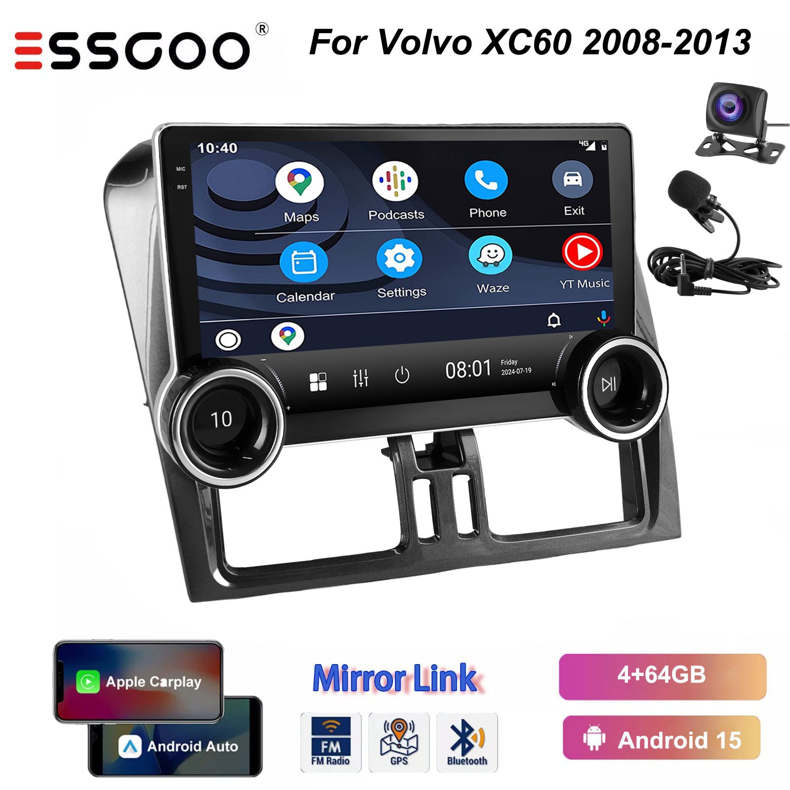 10” For Volvo XC60 2008-2013 Carplay Android 15 BT Car Stereo Radio GPS MIC+AHD
