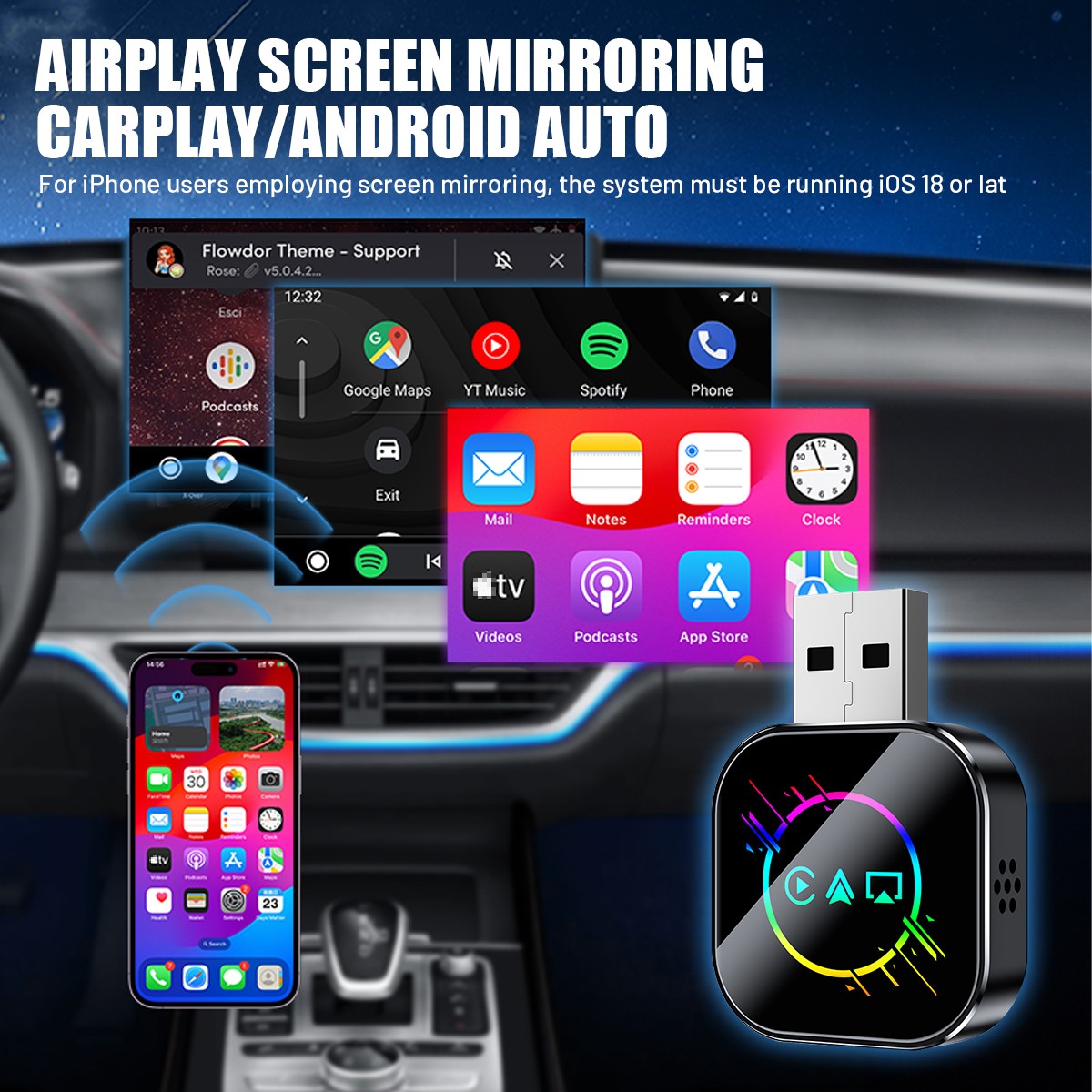 2026 4-in-1 Wireless CarPlay Adapter Screen Mirroring Mini USB Adapter Plug Play