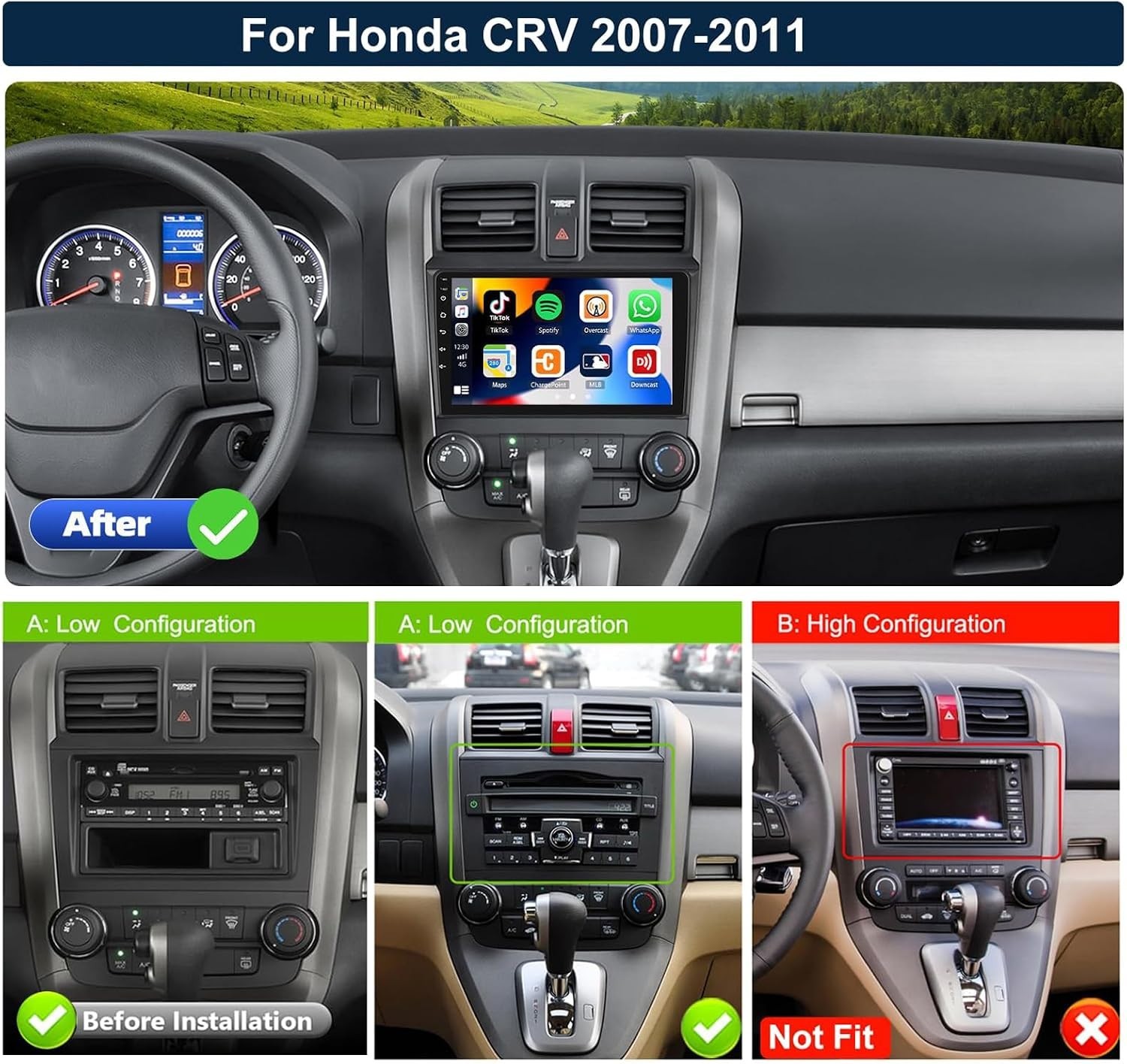 9 Inch Bluetooth Radio Honda CRV 2007-2011 Wireless Apple CarPlay Android Auto