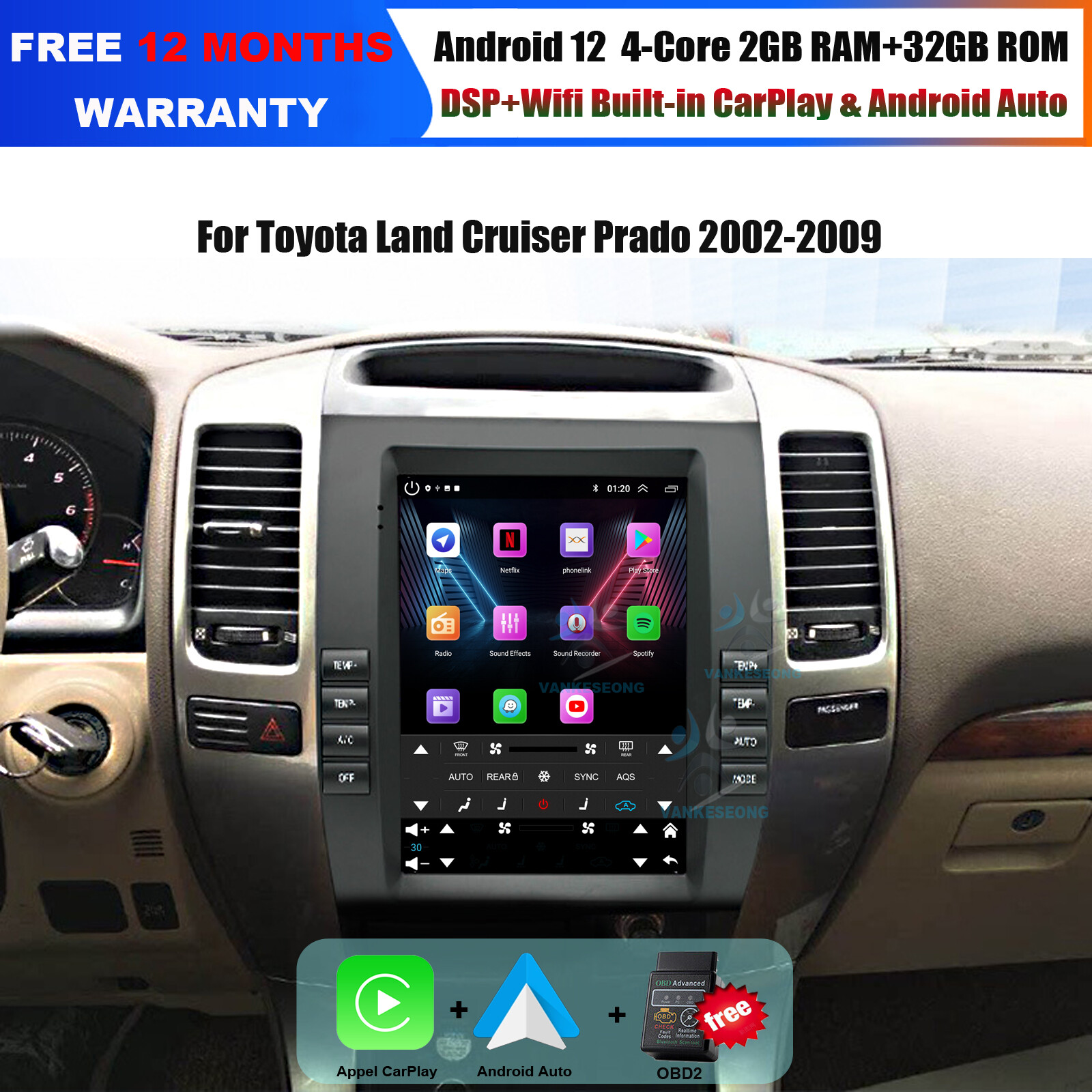 9.7″ Bluetooth CarPlay DAB Car Stereo GPS for Toyota Land Cruiser Prado 2002-2009
