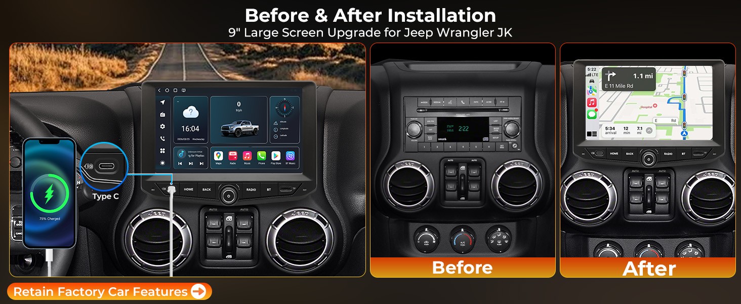 Car Stereo for Jeep Wrangler JK 2011-2017 Wireless CarPlay/Android Auto 8+128GB
