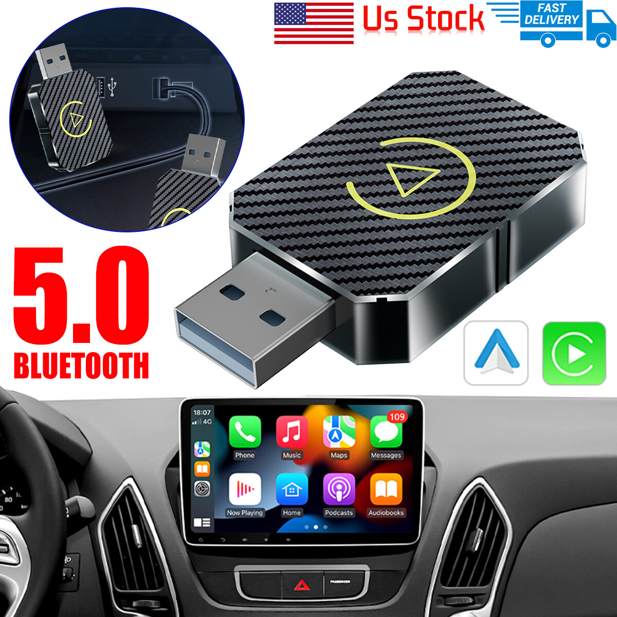 2 in 1 Wireless Carplay Adapter Android Auto Adapter USB Car Dongle Connect Box.