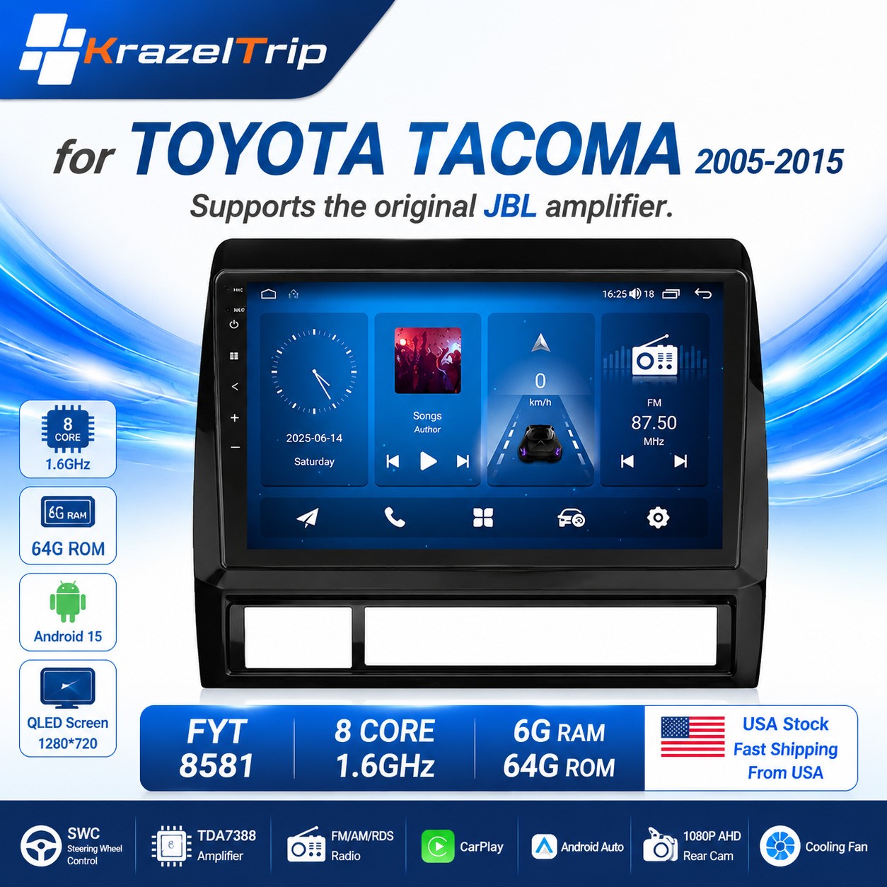 9 inch 8 Core Android Car Radio for Toyota Tacoma 2005-2015 CarPlay Stereo JBL