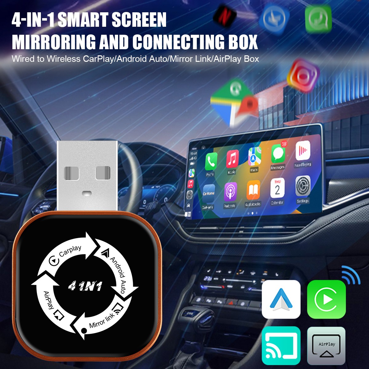 Wireless Carplay Adapter Airplay Android Auto Bluetooth Wi-fi Mirror Link Screen