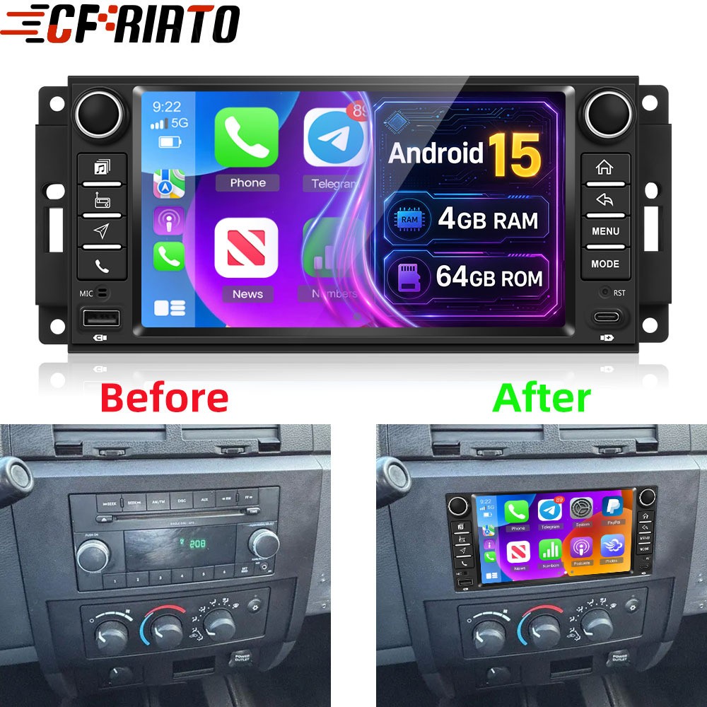 4GB+64GB Android 15 Car Apple CarPlay Radio GPS SWC For Dodge Dakota 2008 – 2011