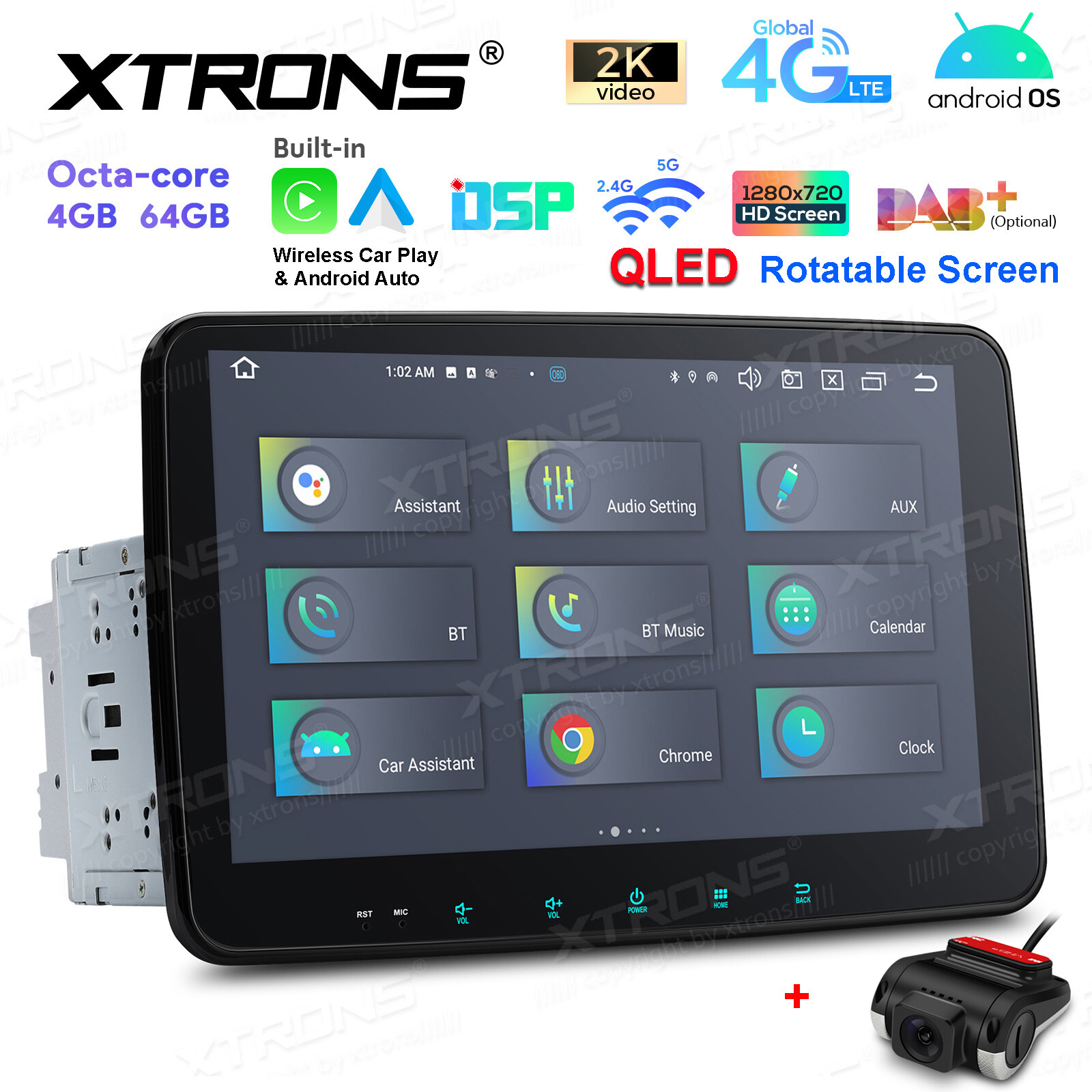 DVR+ 10.1” QLED Double 2DIN WiFi Android 13 8-Core CarPlay Stereo GPS 4G LTE BT