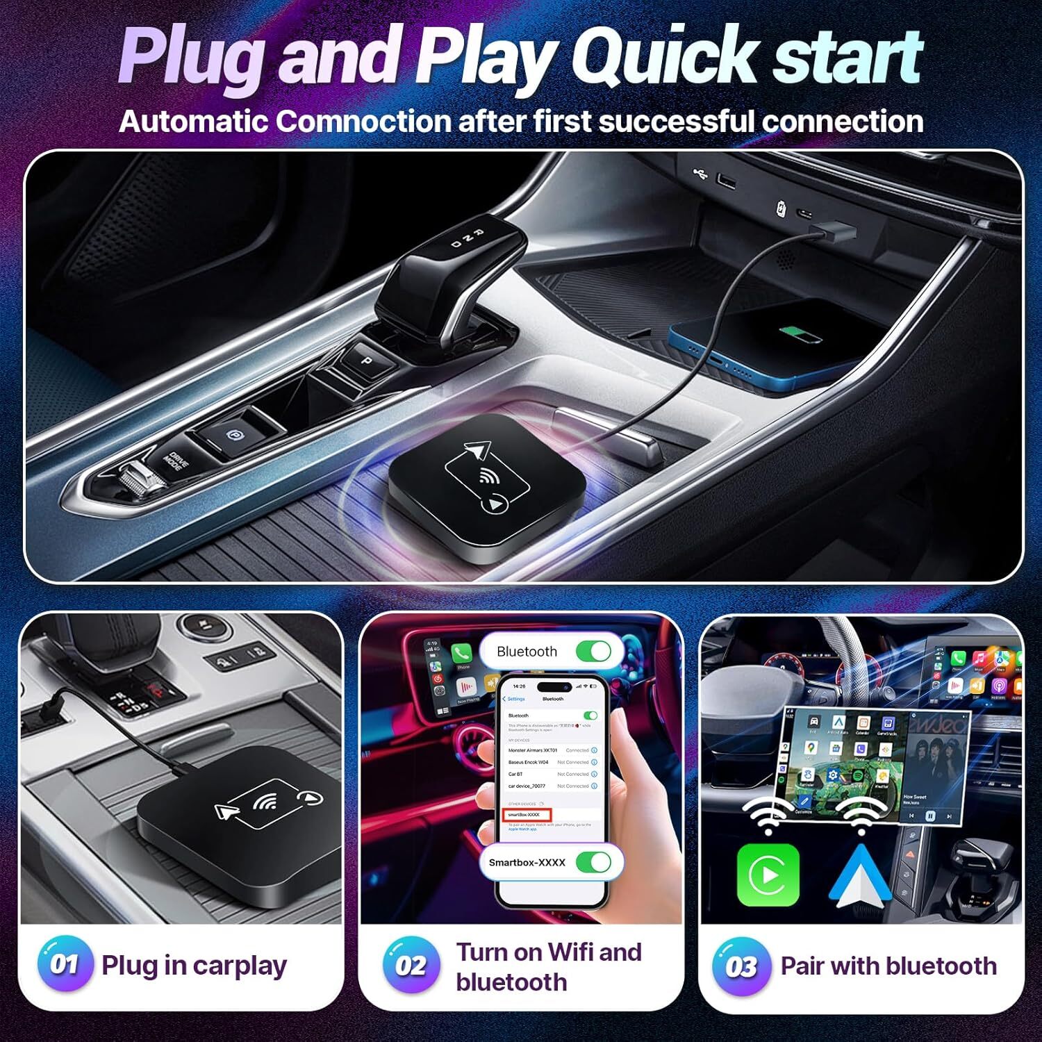 Black Wireless CarPlay AI box Android Auto WIFI Adapter Converter Plug and Play