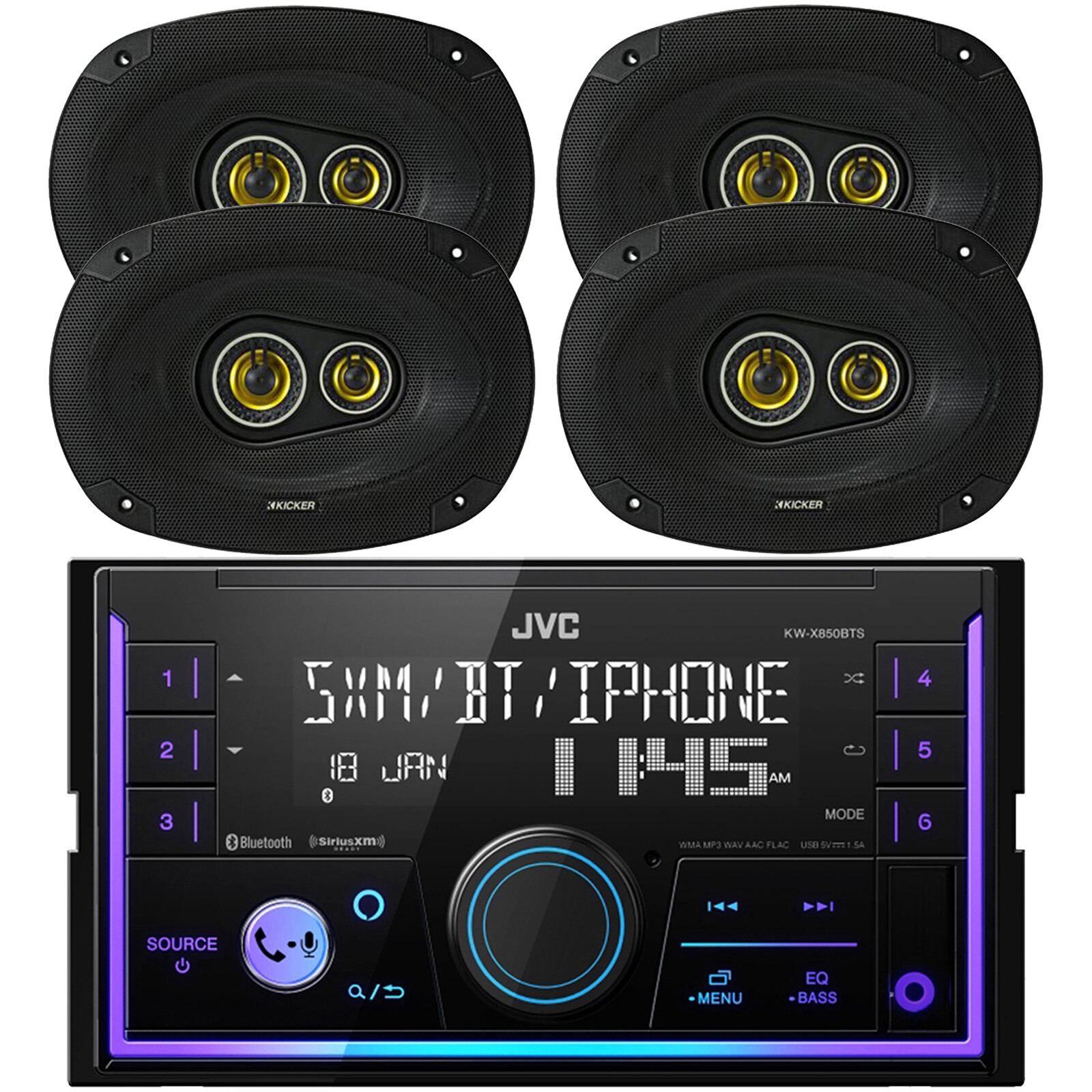 JVC In-Dash 2DIN USB Bluetooth AM/FM Stereo Car Receiver, 4x 6×9″ 450W Speakers