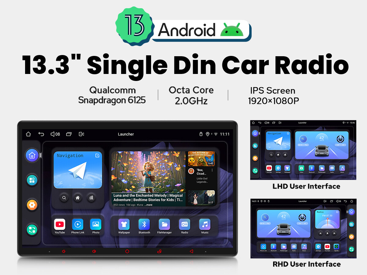 JOYING 13.3″ Single Din IPS Touchscreen Car Stereo 1080P 8+128GB 8-Core Radio FM