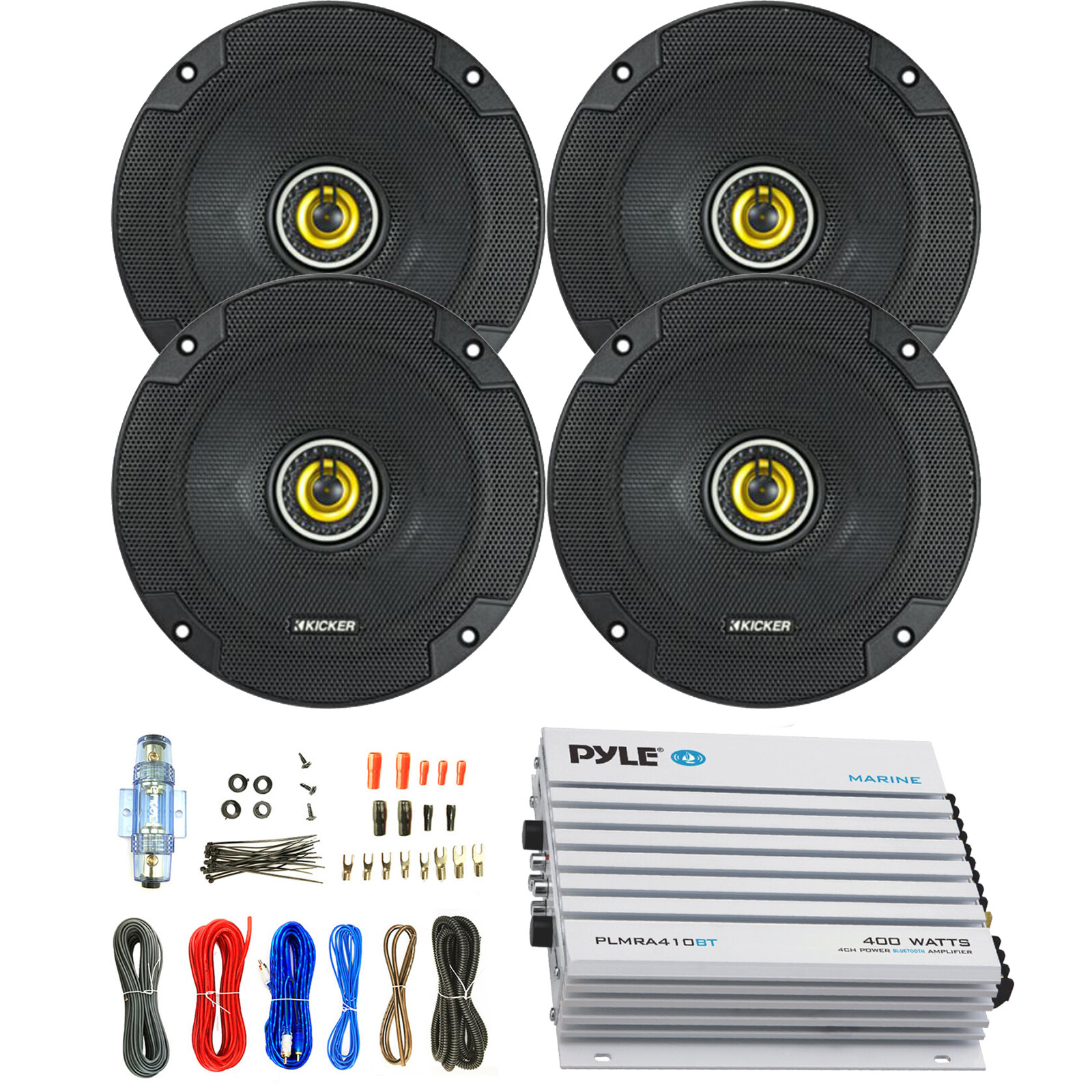 6.5″ 300W Kicker Coaxial Speakers, 400W Bluetooth 4 Channel Amplifier and Kit