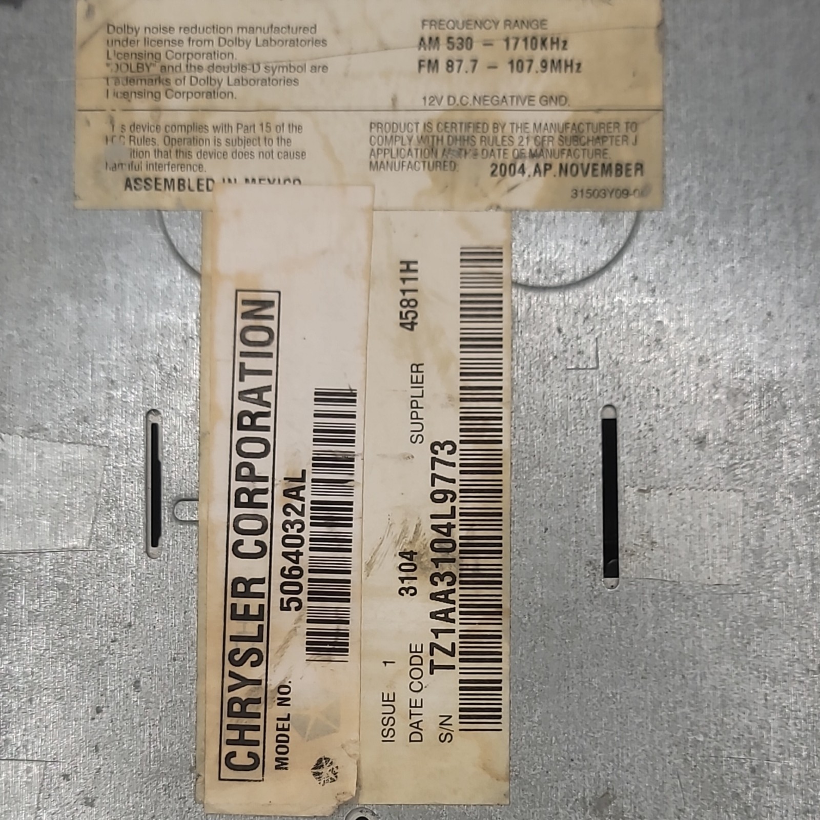 OEM Dodge Charger R/T Radio 6-Disc CD MP3 WMA AM/FM Chrysler 5064032AL
