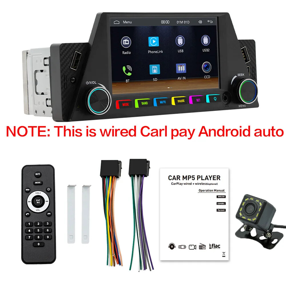 1Din 6.86 Inch Car Radio with Wireless Carplay Android Auto BT MP5 Multimedia