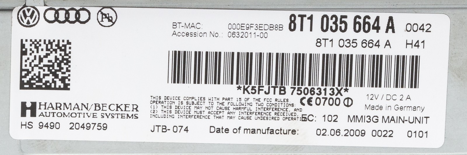 2009-10 Audi Q5 CD Player Dual SD Cards Bluetooth Connection Model ID 8T1035664A