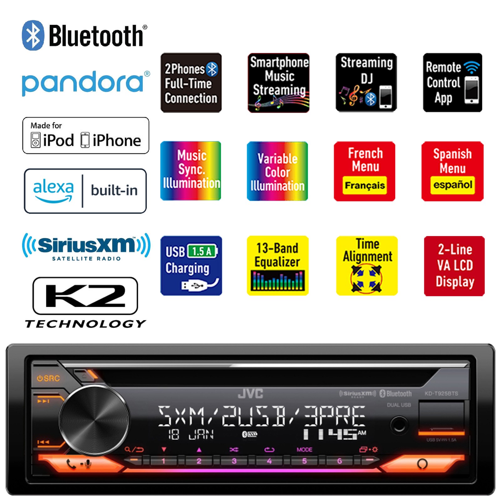 JVC KD-T925BTS Single DIN Bluetooth CD Player USB AUX AM/FM Stereo Receiver