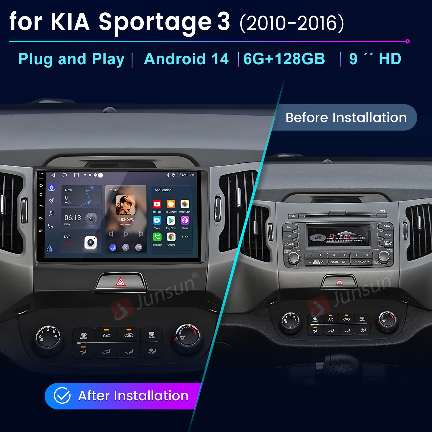 8Core 6+128G Android15 Carplay For Kia Sportage 2010-2016 9″Car Stereo Radio GPS