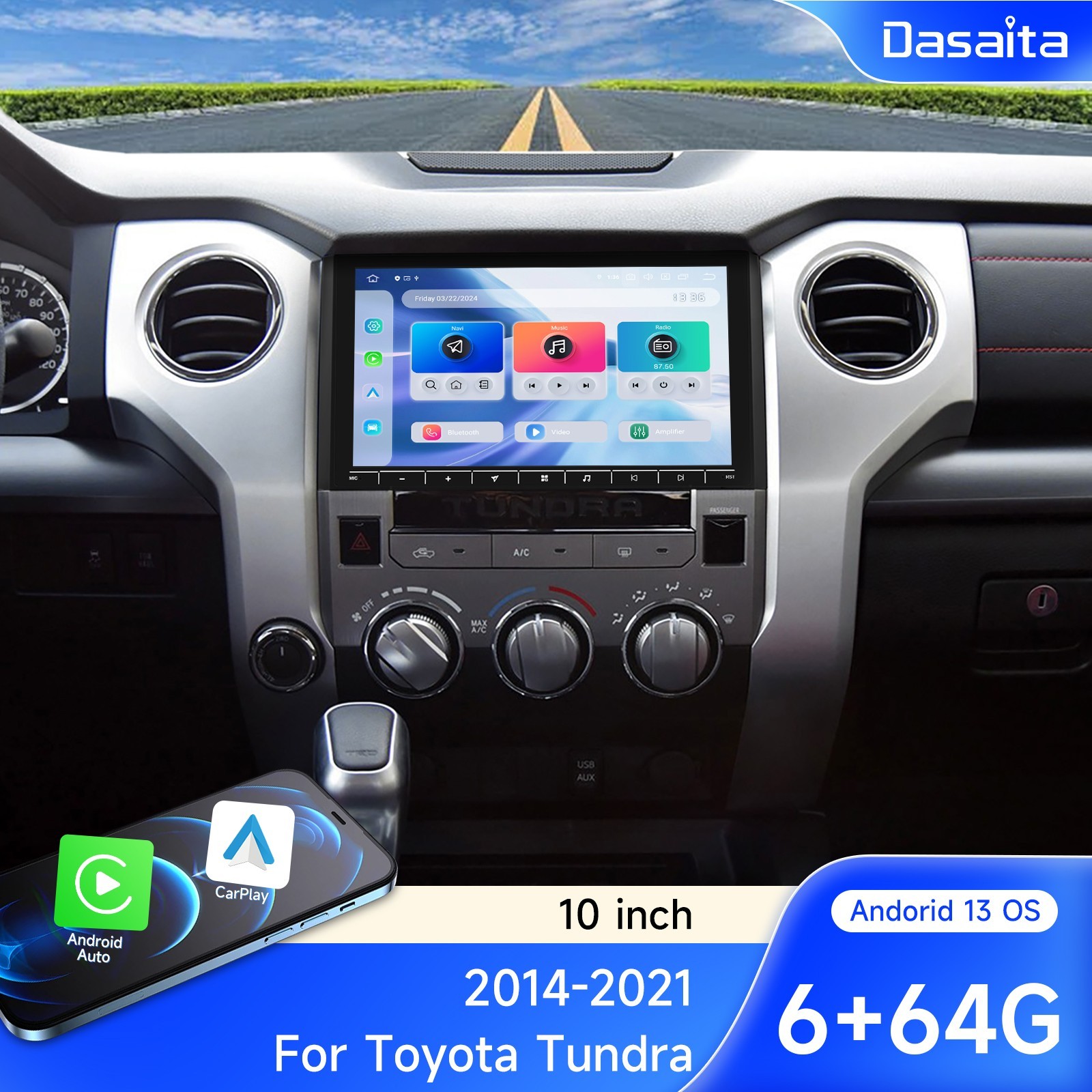 Dasaita 10.2″ Android 13 Radio For Toyota Tundra 2014-2021 4G LTE CarPlay GPS