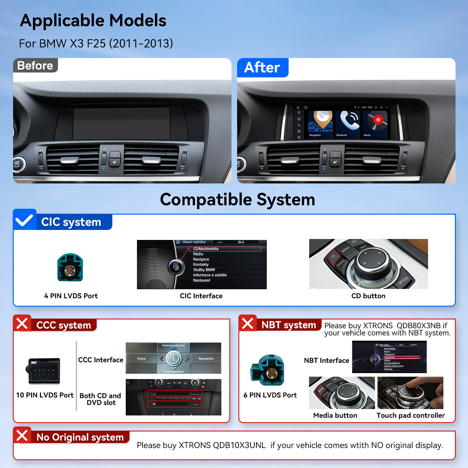 8.8″ Android 14 Car GPS Stereo 8Core 4+64GB CarPlay For BMW X3 F25 CIC 2011-2013