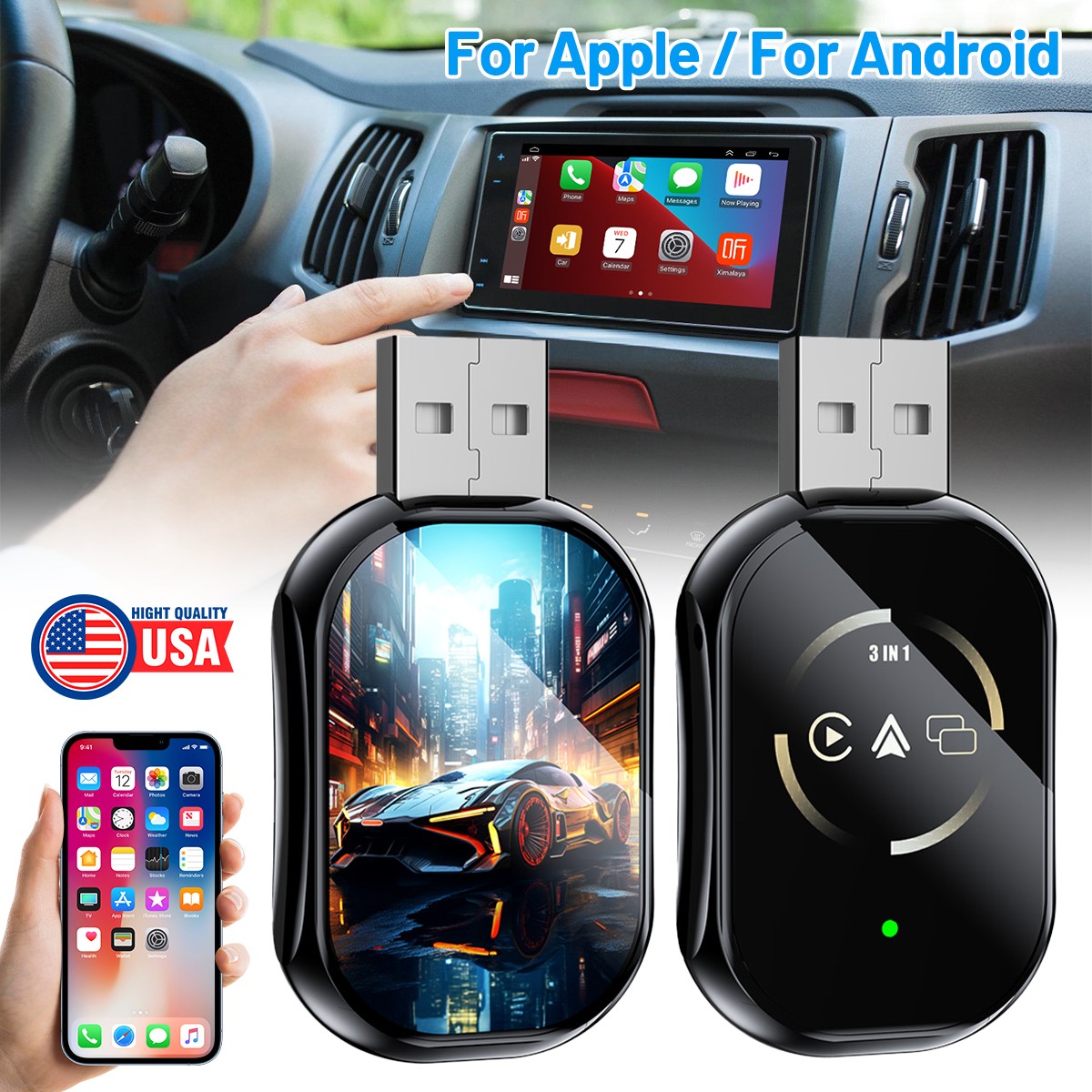4-in-1 Adapter Wired to Wireless CarPlay Android Auto Mirror Link Airplay Box A+