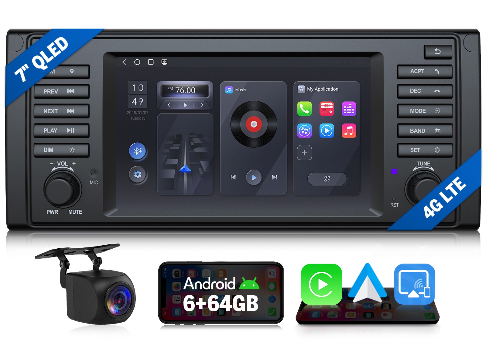 7″ QLED Android 13 6+64 8-Core Car GPS Radio Stereo CarPlay DSP WiFi for BMW E39