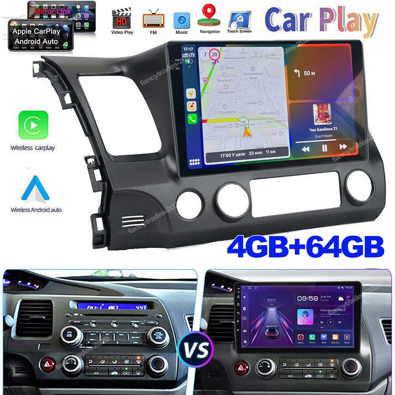 10.1″ Car Radio CarPlay Android 13 WiFi GPS FM 4+64GB For Honda Civic 2006-2011