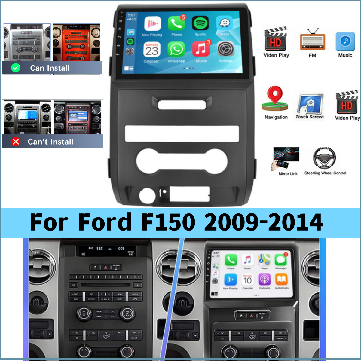 For Ford F150 2009-2014 Carplay Android 13 Car Stereo Radio WiFi GPS Navi Camera