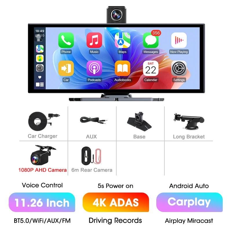 11.26″ 4K ADAS Dash Cam Display Wireless CarPlay Screen DVR Dual Recording Night