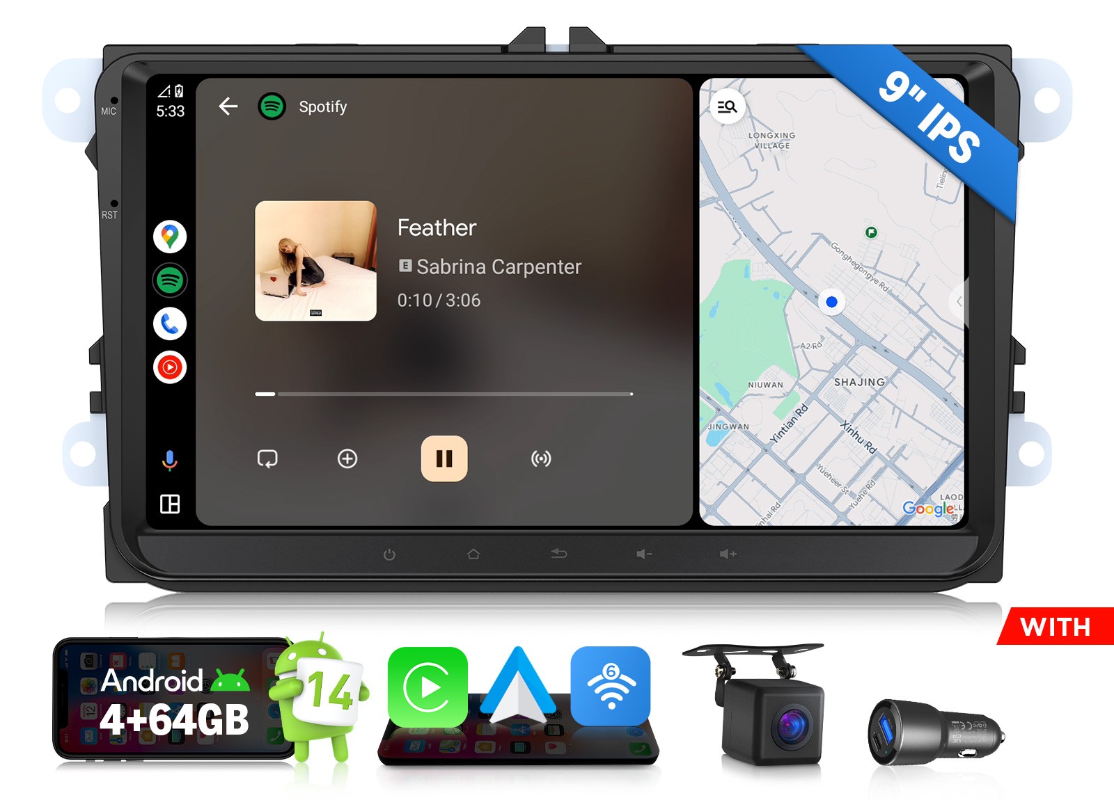CAM+For VW Beetle 11-15 9″ IPS Android Auto 14 Apple CarPlay Car Radio Head Unit
