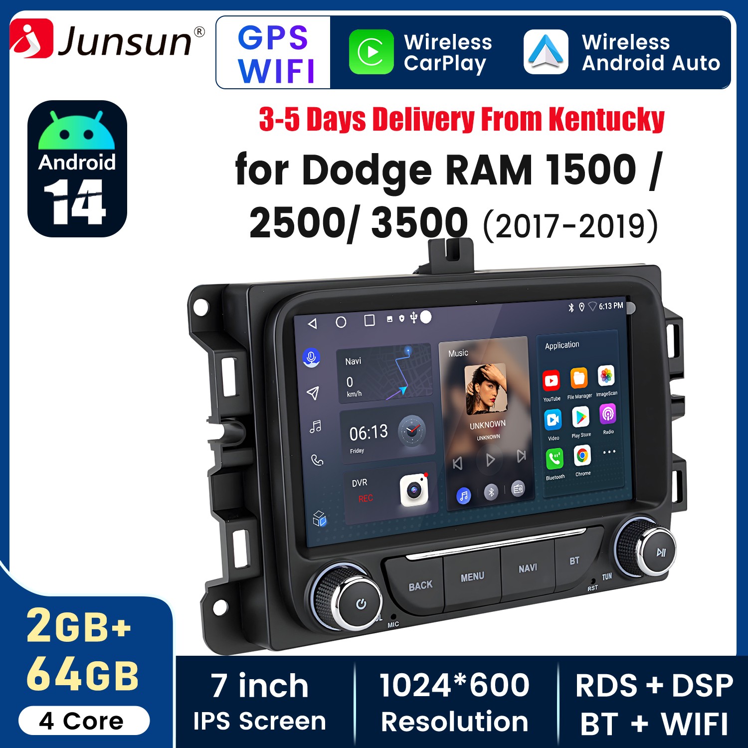 For 2017-19 Dodge Ram 1500 2500 3500 CarPlay 2+64G Android 14 Car Radio GPS Navi