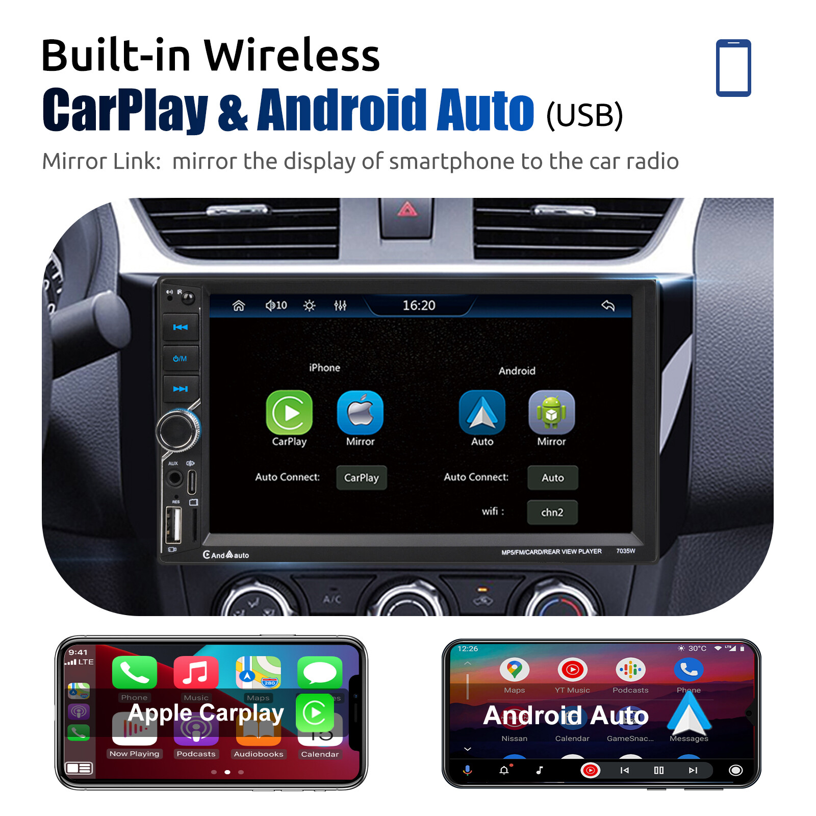 2 DIN 7″ Car Stereo Head Unit Wireless Carplay Android Auto BT FM USB AUX TF MP5