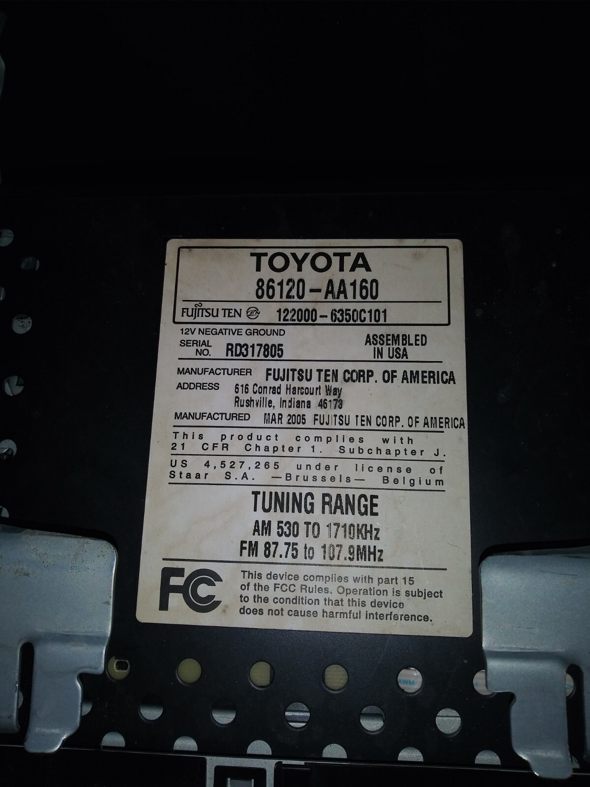 2005-06 Toyota Camry AM FM Single Disk CD Original Stock Factory Receiver 16860