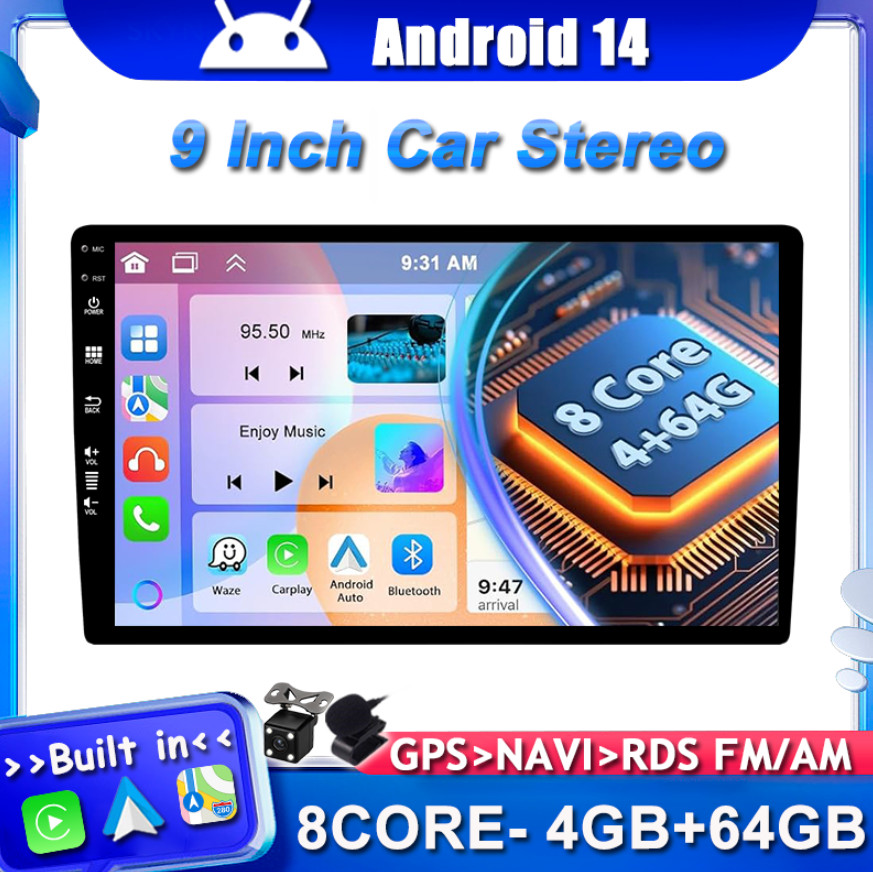 9″ Android 14 Head Unit Car Radio Stereo In dash Car Play GPS 4GB+64GB 8Core DSP