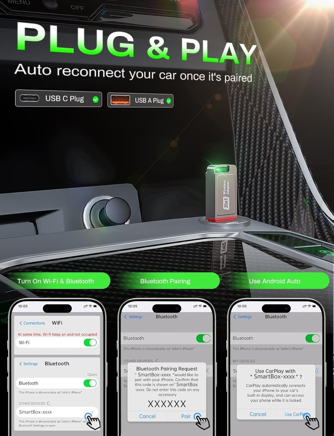 Auto Adapter 2in1 Wireless Carplay Android Mini Plug&Play Wireless Dongle w/Box