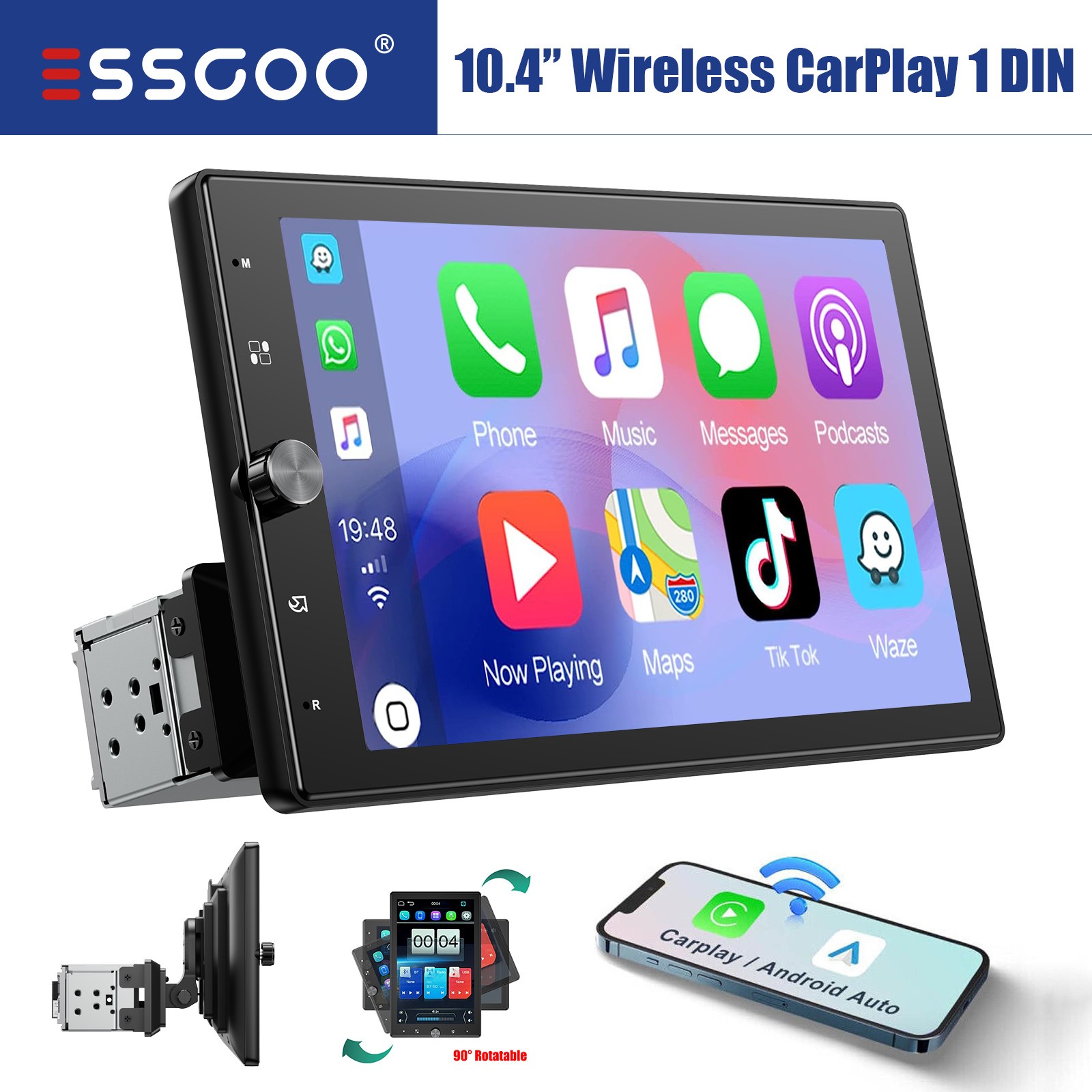 1 DIN 10.4″ Wireless Apple Carplay Car Stereo Head Unit Rotatable Screen Radio