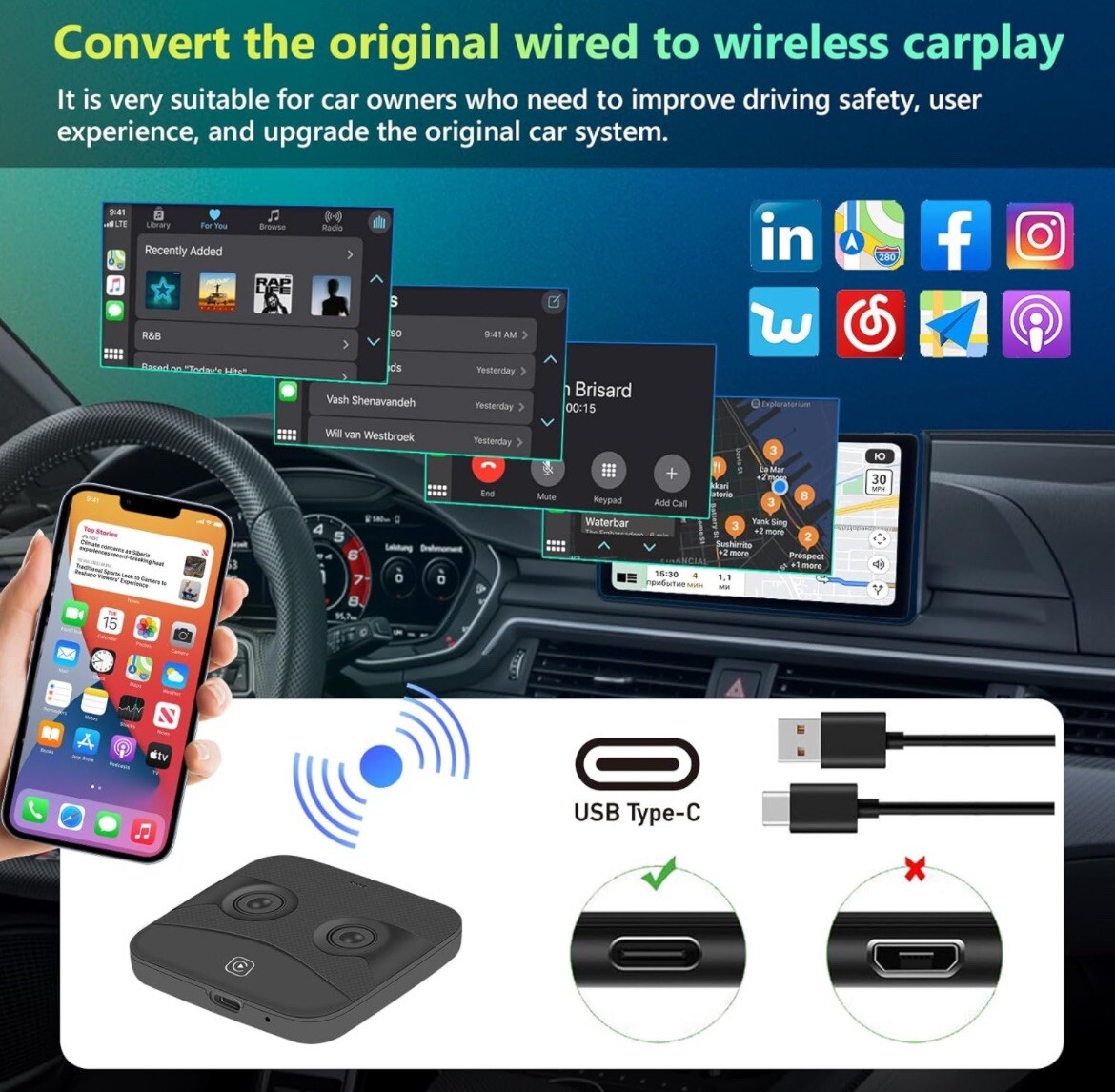 Wireless AI Box Carplay Adapter for Factory Wired CarPlay USB For iPhone Android