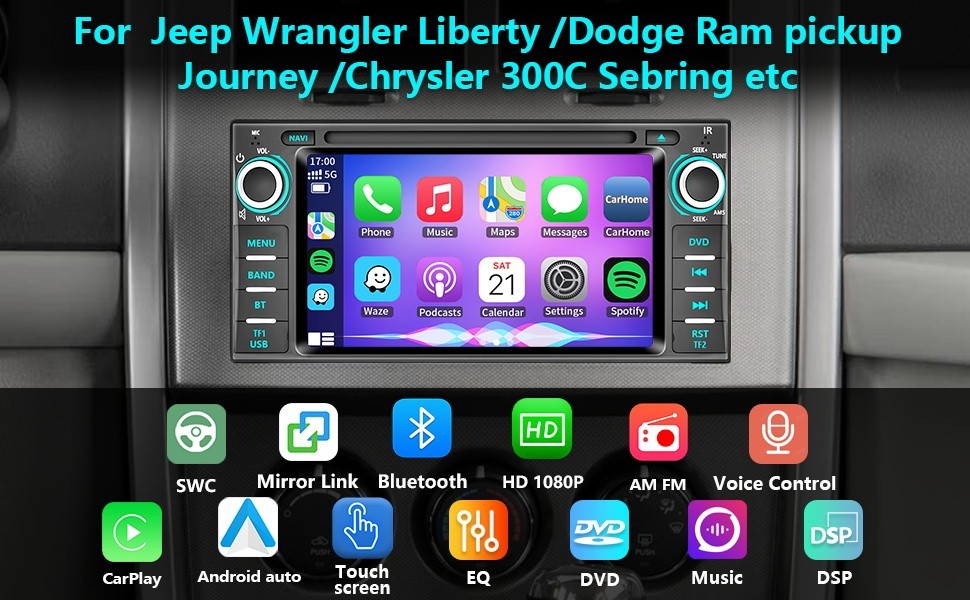 Plug & Play Car Radio Stereo CD DVD Player W/CarPlay GPS For Jeep Dodge Chrysler