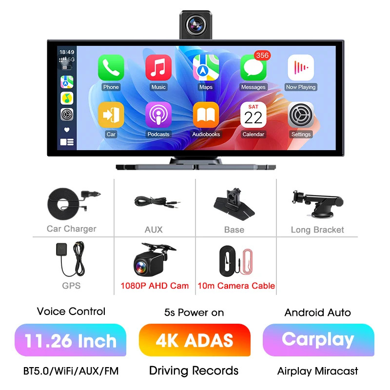 11.26″ 4K ADAS Dash Cam Display Wireless CarPlay Screen DVR Dual Recording Night