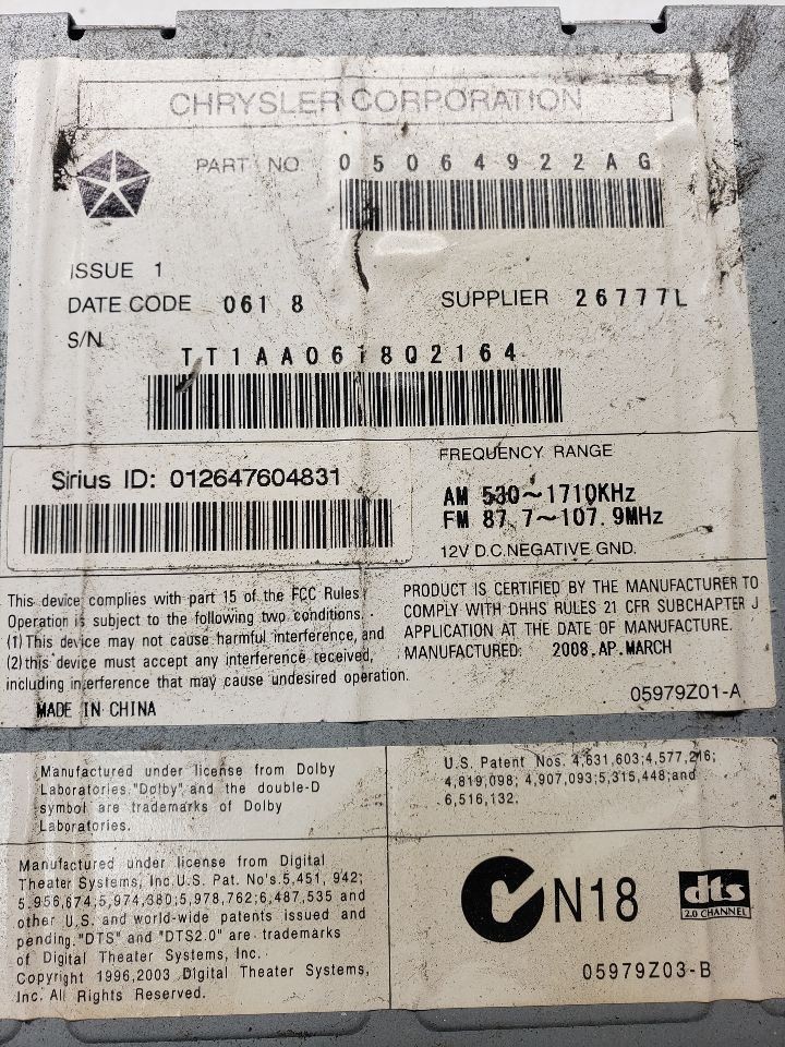 2008-2011 Dodge Dakota Radio AM FM6 Disc Cd-dvd Changer OEM 1426031