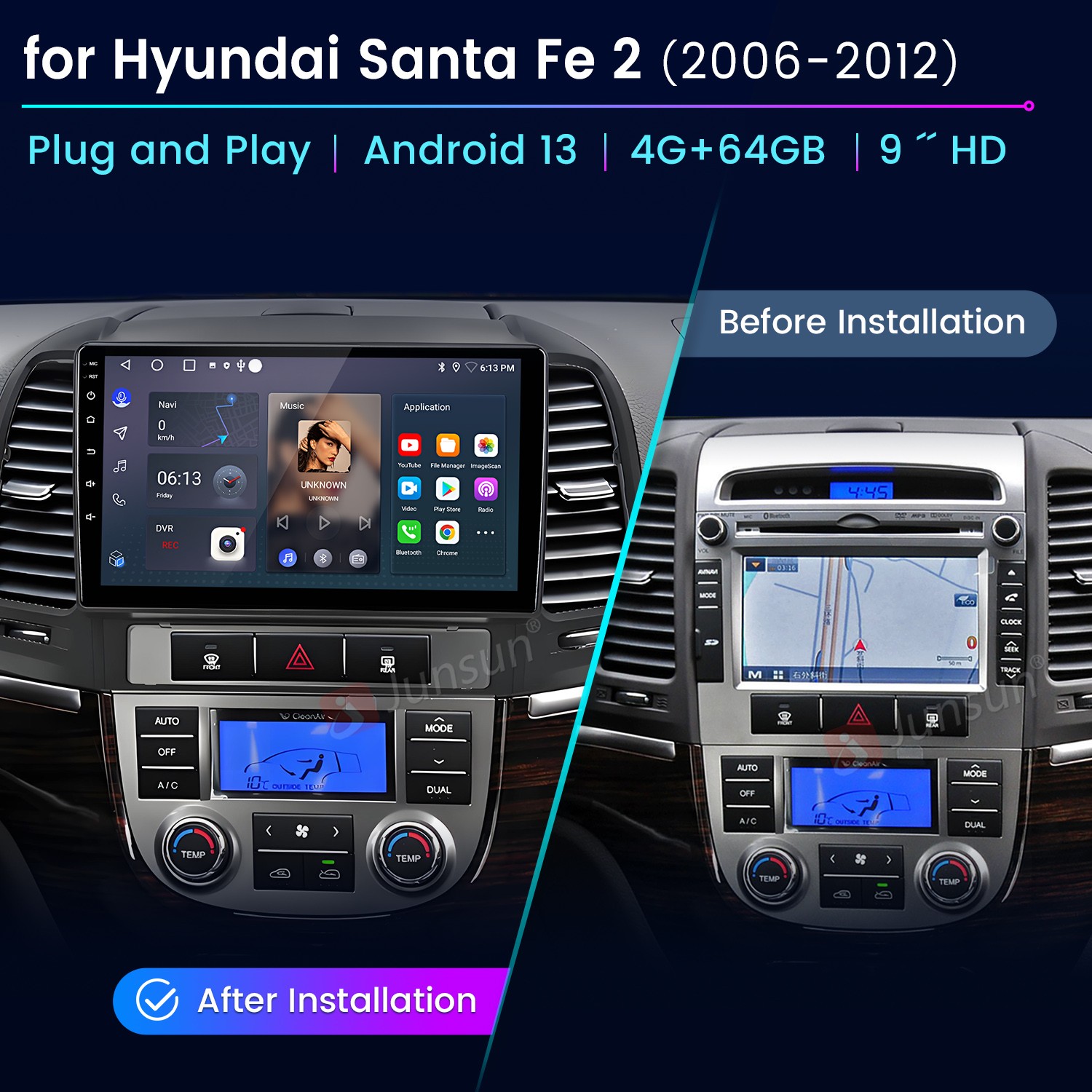 4+64G Carplay Android14 For Hyundai Santa Fe 2 2006-12 Car Stereo Radio GPS Navi