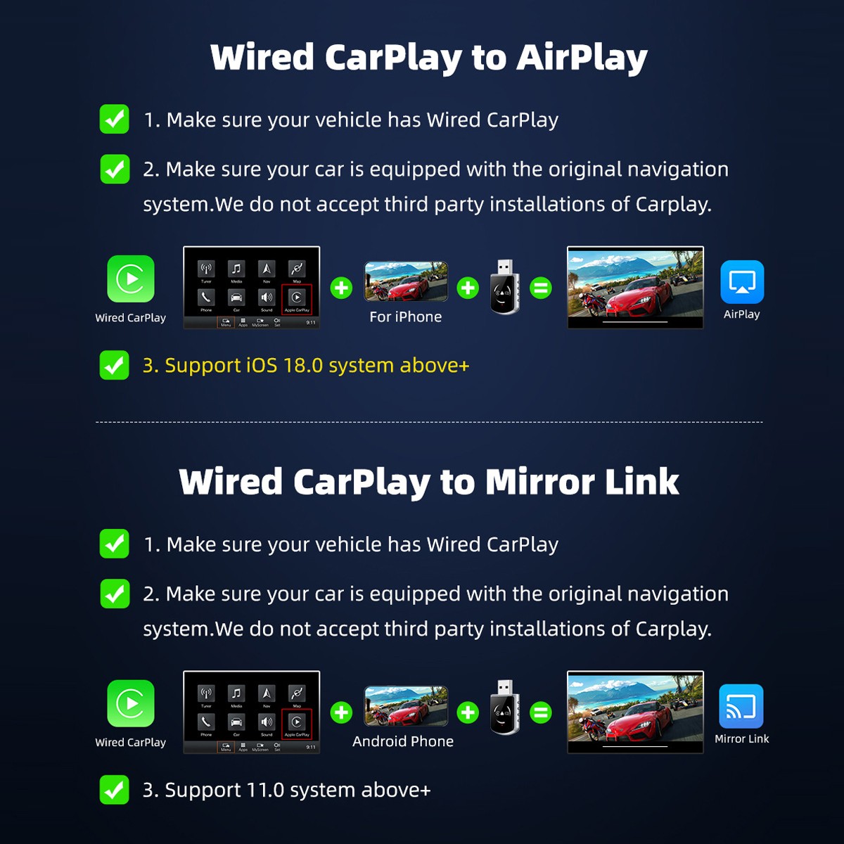 4 in 1 Wireless CarPlay Android Auto Adapter 5GHz WiFi USB & Type-C Plug & Play