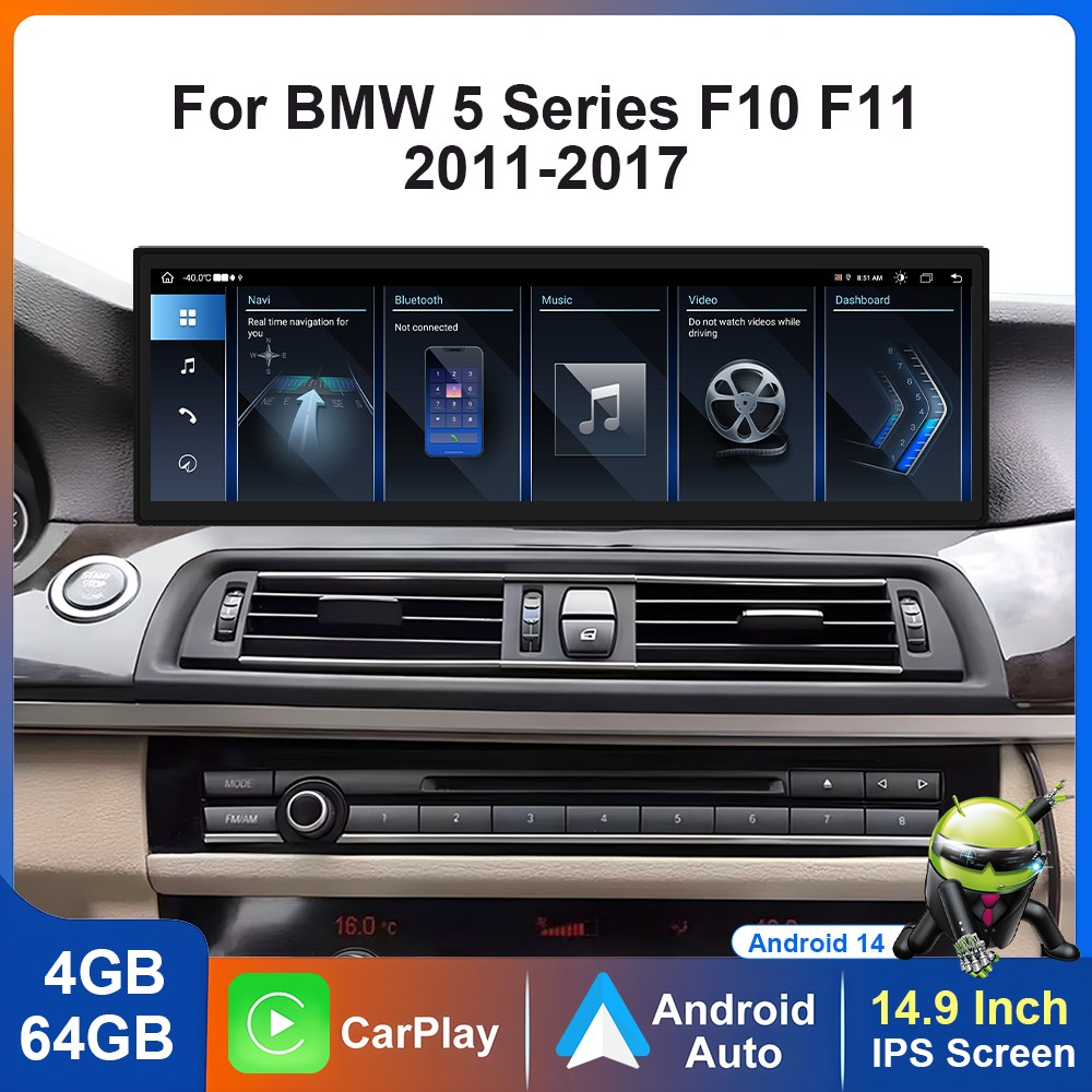 14.9” Android14 Display CarPlay BMW 5 Series F10 F11 CIC 2010 – 2012 G30 4G GPS