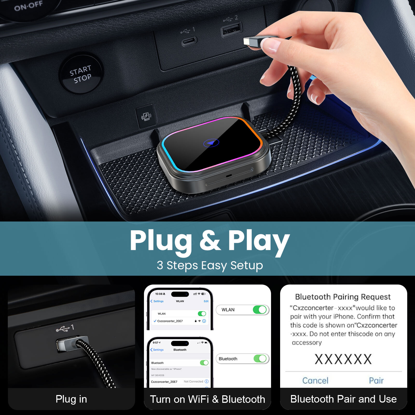 2 in 1 Wireless Carplay Adapter, Wireless Carplay and Android Auto Adapter 5.0