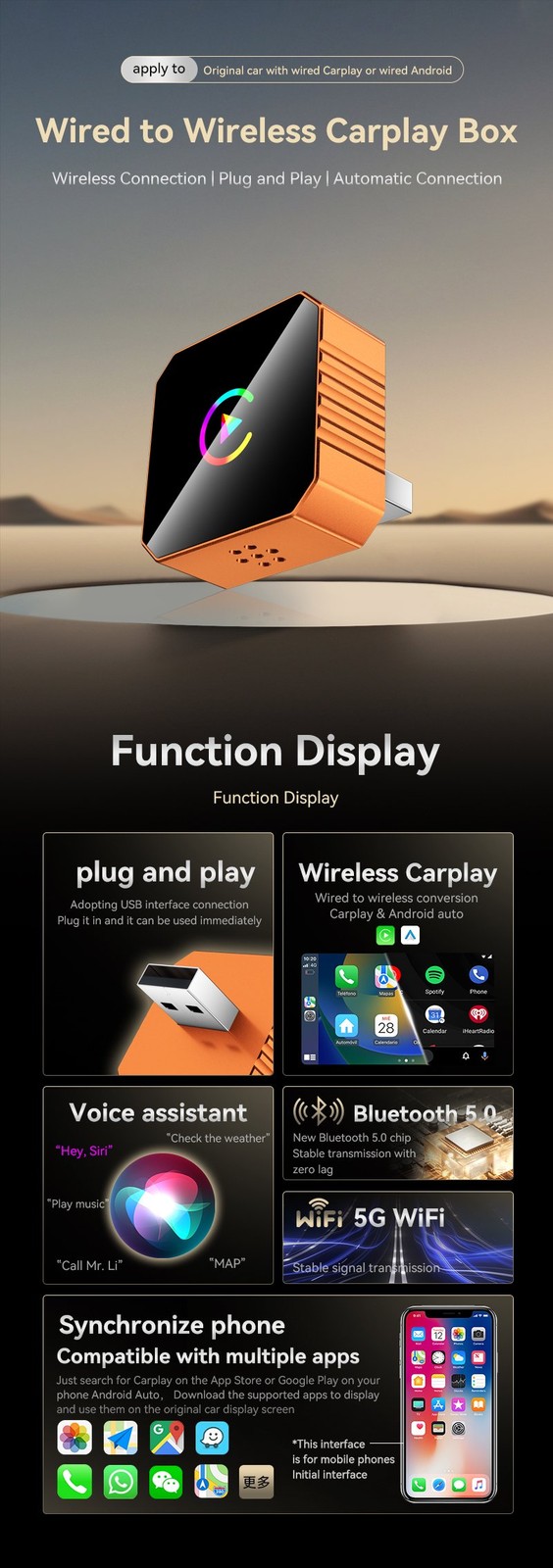 Wired to Wireless CarPlay Adapter for Apple iPhone/Android Auto/AirPlay/Miracast