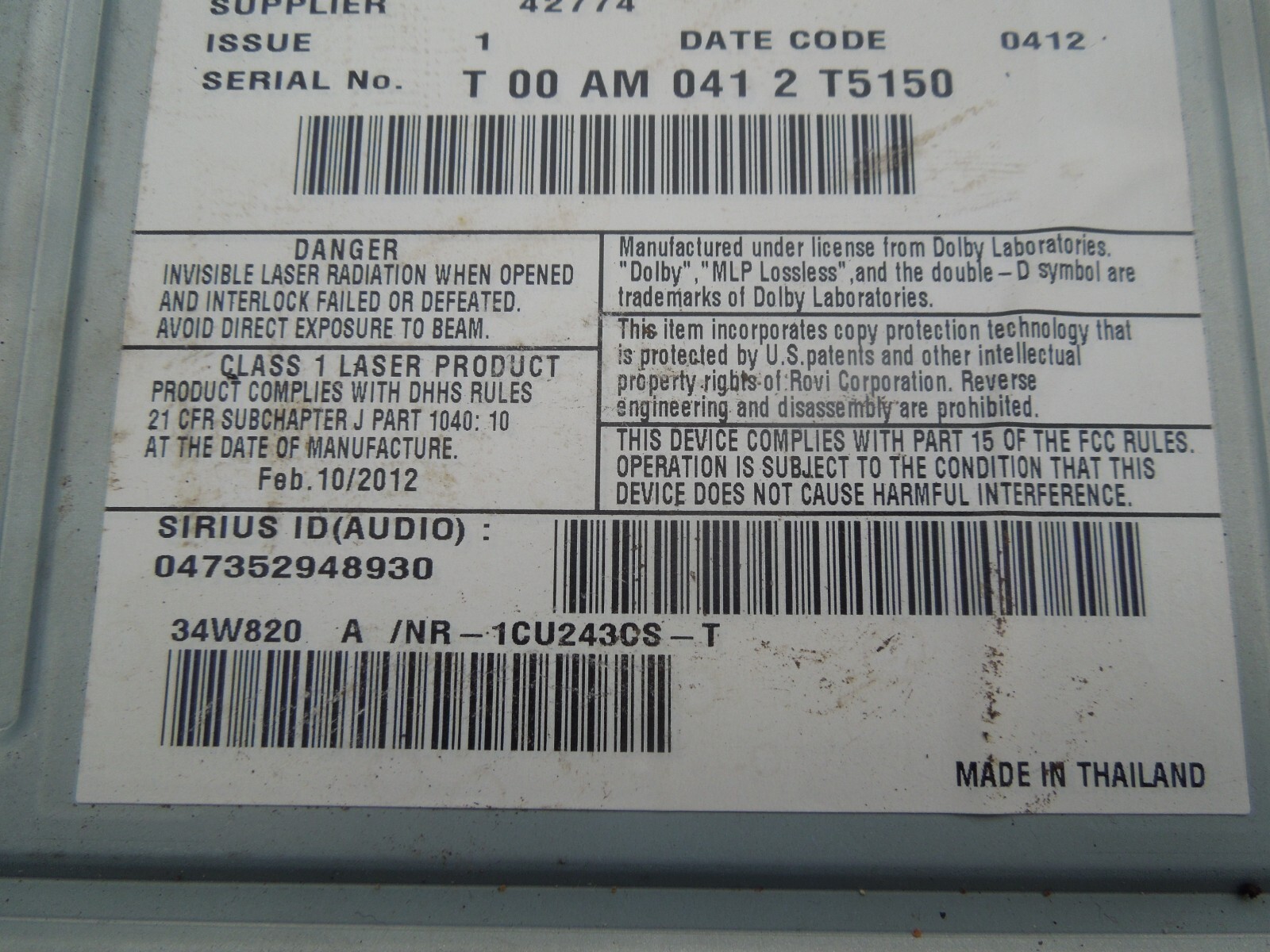 2012 Dodge Caravan RHB cd player radio assembly navigation OEM sirius MP3 30pp