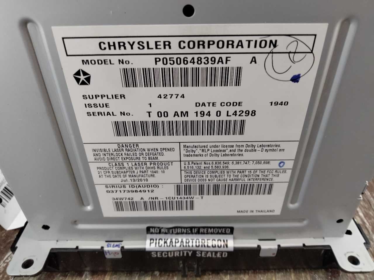 2011 JEEP GRAND CHEROKEE RADIO AM FM DVD RECEIVER MULTIMEDIA RHB 05064839AF