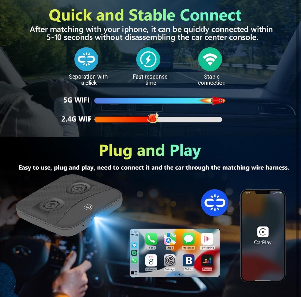 Wireless AI Box Carplay Adapter for Factory Wired CarPlay USB For iPhone Android